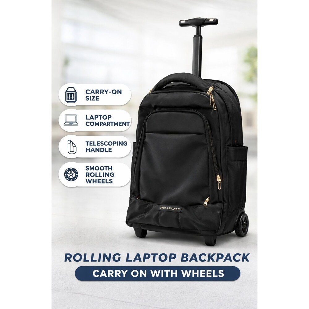 Rolling Laptop Backpack Carry On w Wheels Light Flight Travel Bag Black NEW - Picture 16 of 16